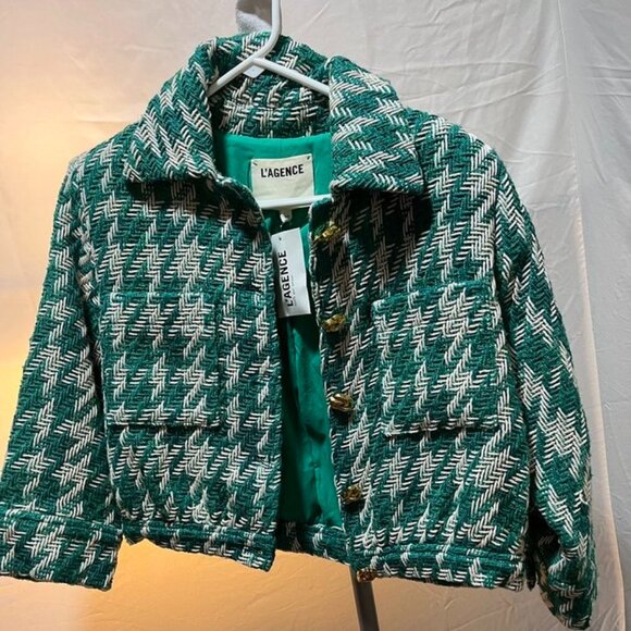 L’AGENCE Jia Houndstooth Tweed Crop Jacket Gold Buttons Size 4 - Picture 8 of 14
